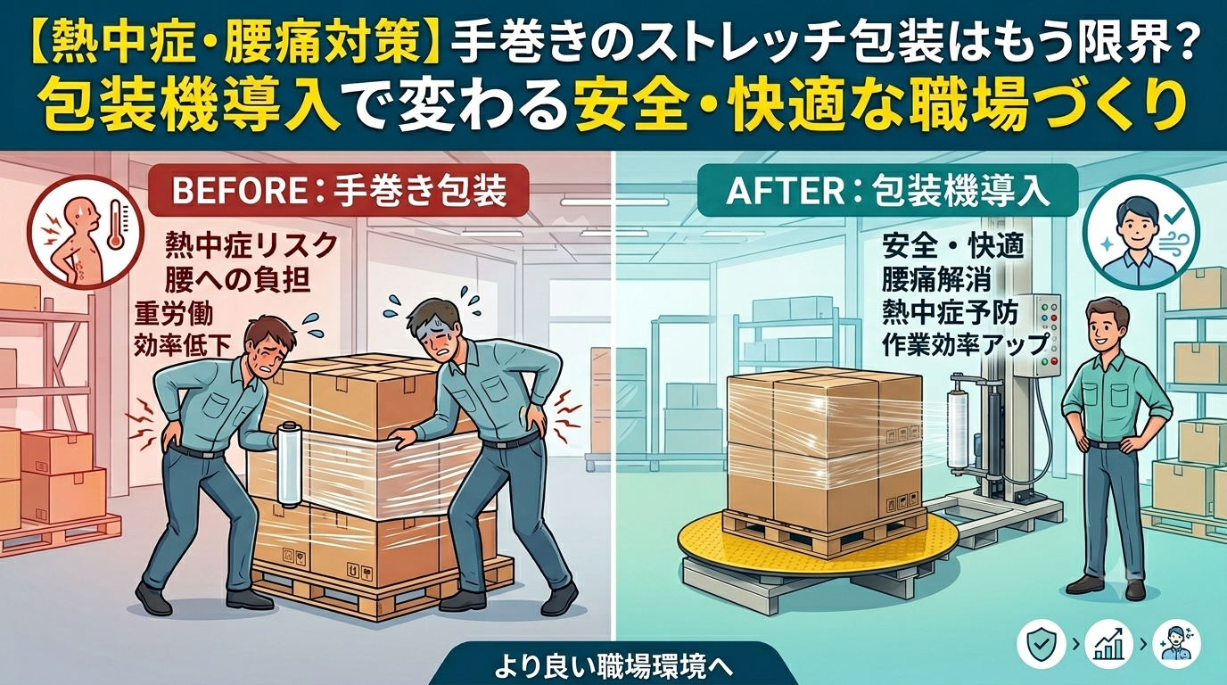 【熱中症・腰痛対策】手巻きのストレッチ包装はもう限界?包装機導入で変わる安全・快適な職場づくり
